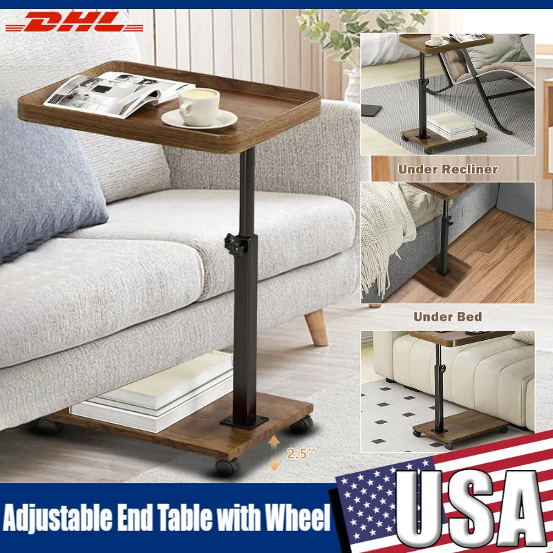 End Table Adjustable Height 360° Swivel TV Tray Couch Tables That Slide Under, Side Tables with Wheels For Sofa, Bed, Chair