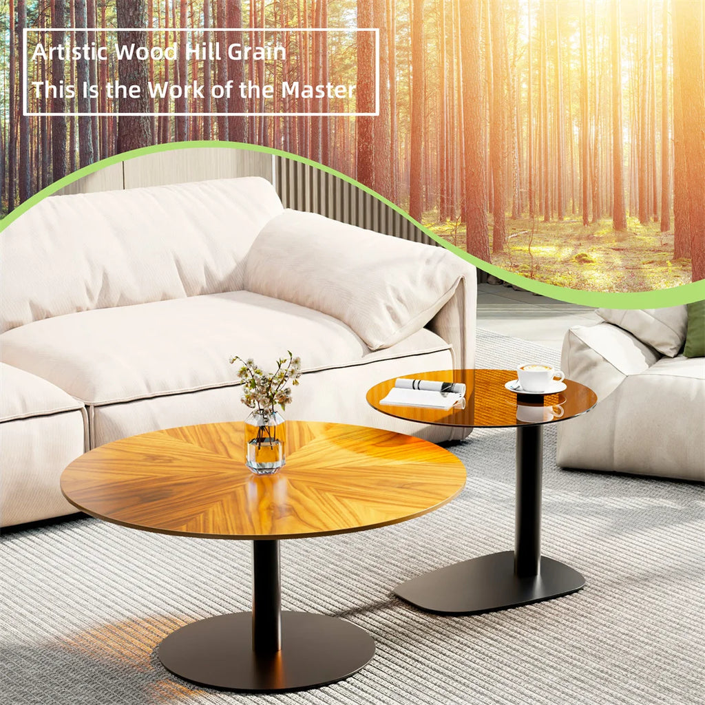 LUVODI Modern Round Marble Coffee Table Set of 2 Living Room Center Table Sofa Side Desk with Black Glass End Table w Metal Legs