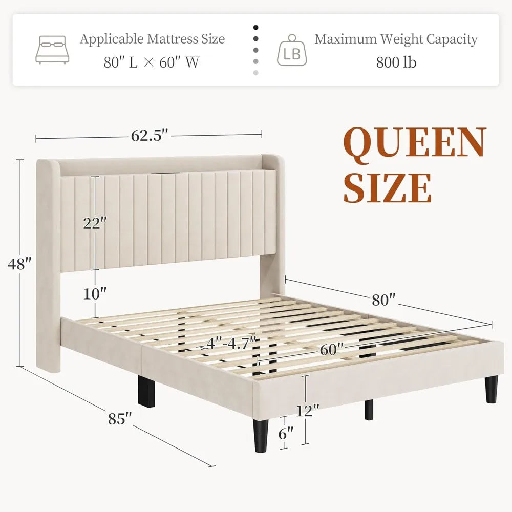 Queen Bed Frame with USB Charging Station and Storage Shelf/Upholstered Headboard Platform Bed with Wing Side/Wooden Slats