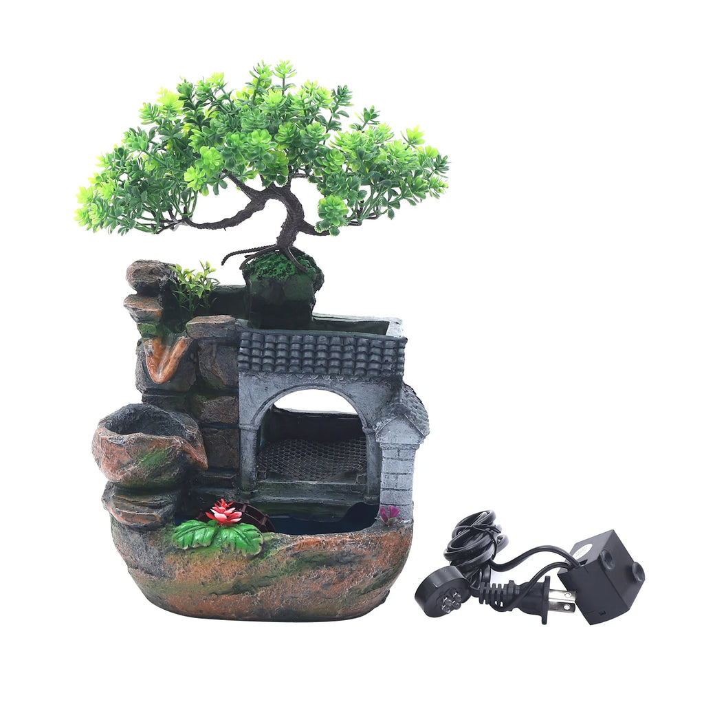 11" Desktop Fountain Rock Waterfall Humidifier with LED Light, Tabletop Water Fountains/ Indoor Fake Plant Bonsai Tree