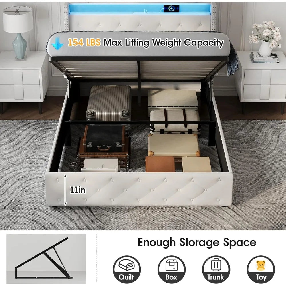 Full Size Bed Frame with LED Headboard & Lift Up Storage, Velvet Upholstered