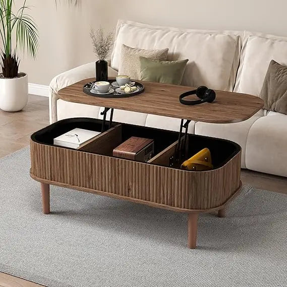 Coffee Table, Fluted Lift Top Coffee Tables for Living Room, Center Tables with Hidden Compartment, Modern Oval