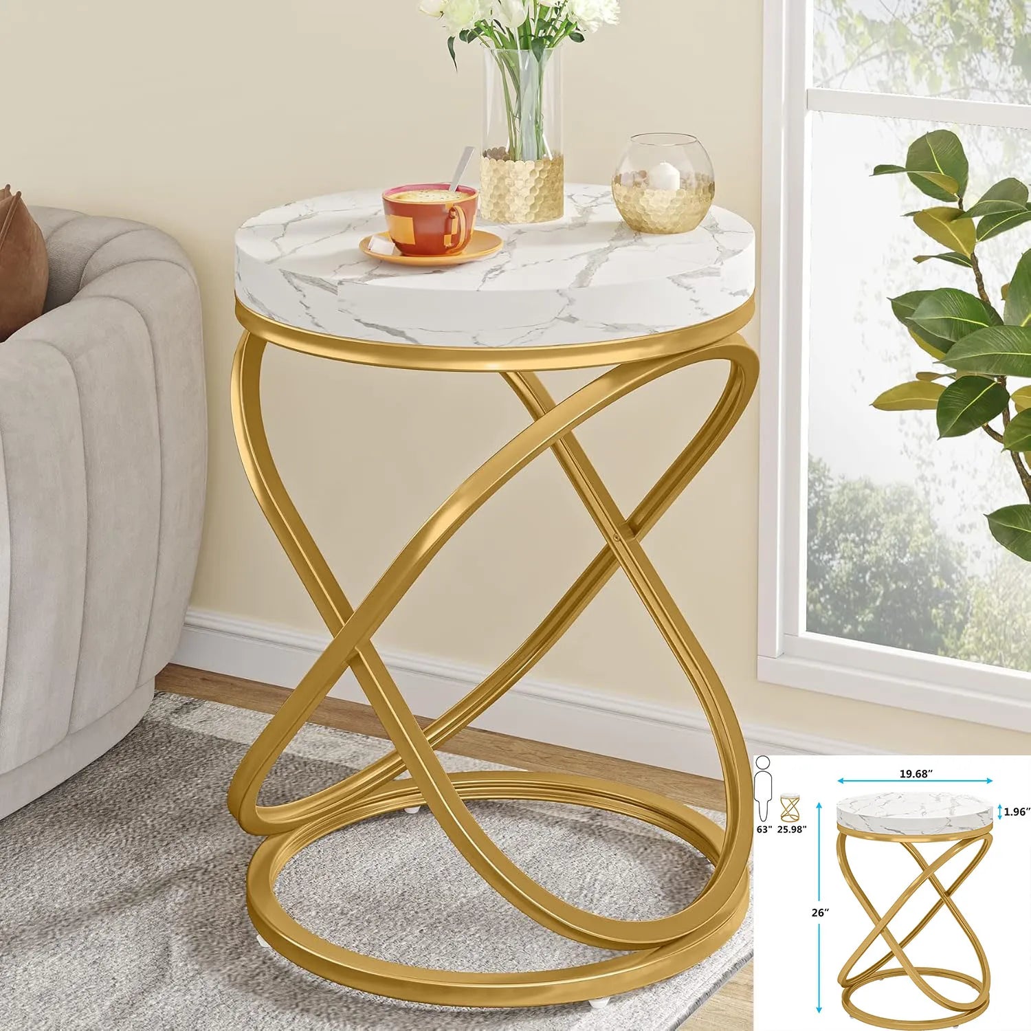Square End Table White Gold 2-Tier Side Table Modern Small Table with Storage for Couch, Faux Marble White +Gold