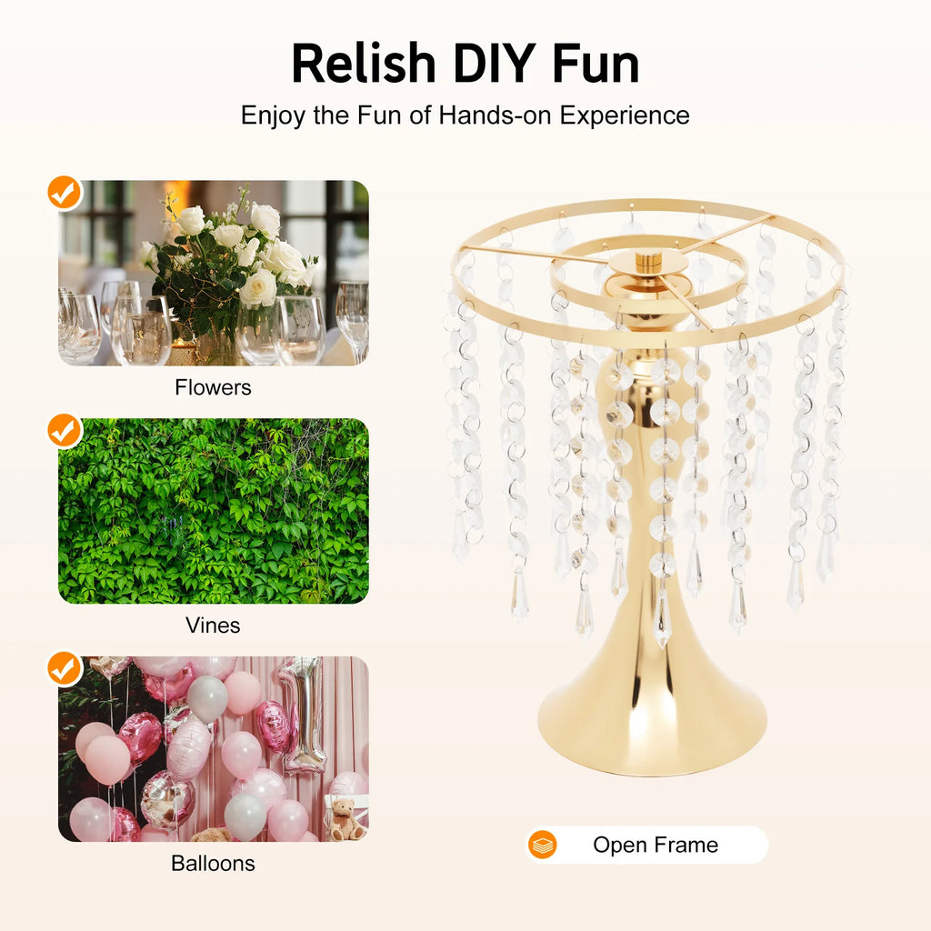 10Pcs Gold Electroplated Iron Acrylic Imitation Crystal Flower Stand Tabletop Floral Holder For Wedding Venue/ Balcony /Photo Studio Decor