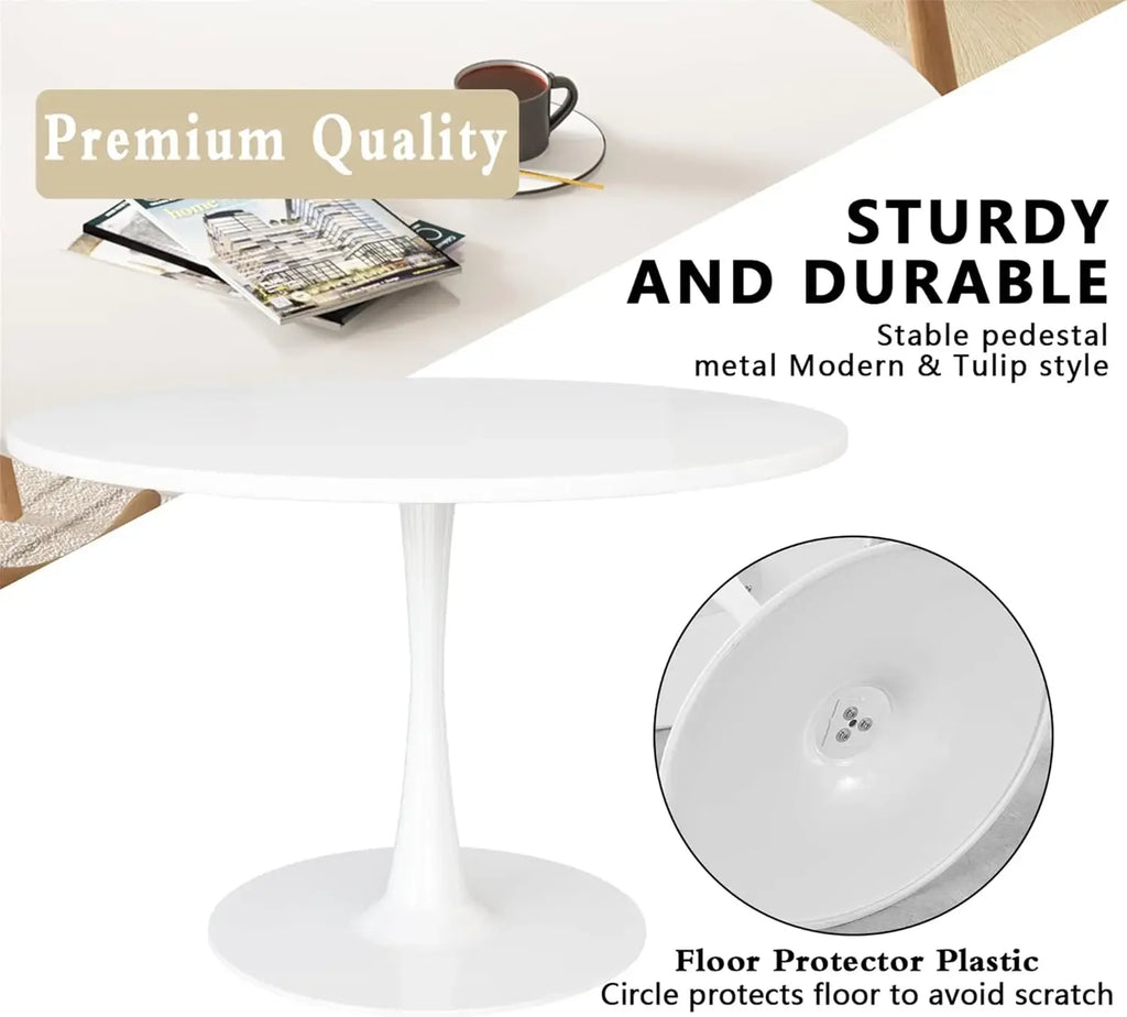 White Round Kitchen Dining Table, 42.1"/4-6 People with MDF Tabletop & Pedestal Base