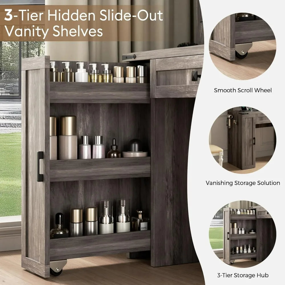 Makeup Vanity Desk With Sliding Mirror, Luminated Glass Top And 3-Tier Hidden Storage