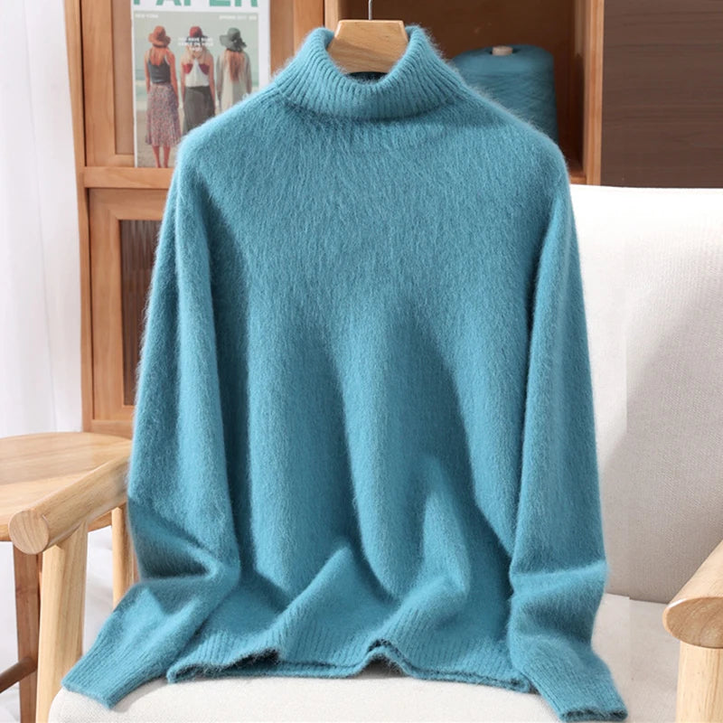 Autumn And Winter 100% Mink Cashmere Sweater, Ladies' High Lapel Solid Color Padded Pullover Wool Knitted Bottoming Shirt