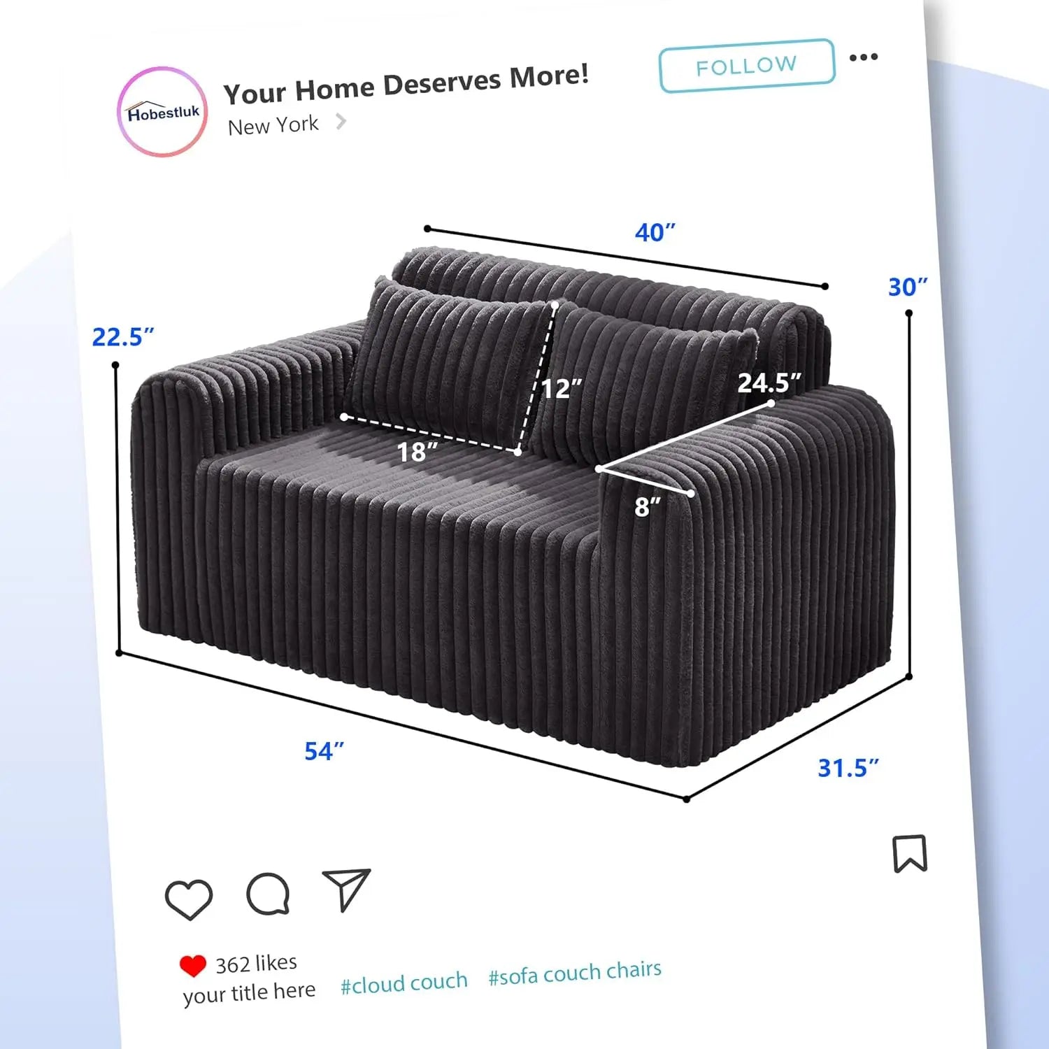 Couch Sofa 2-Seater Foam Sofa Loveseat for Small Spaces Comfy Sofas with Removable Cover Furry Couch with Pillow