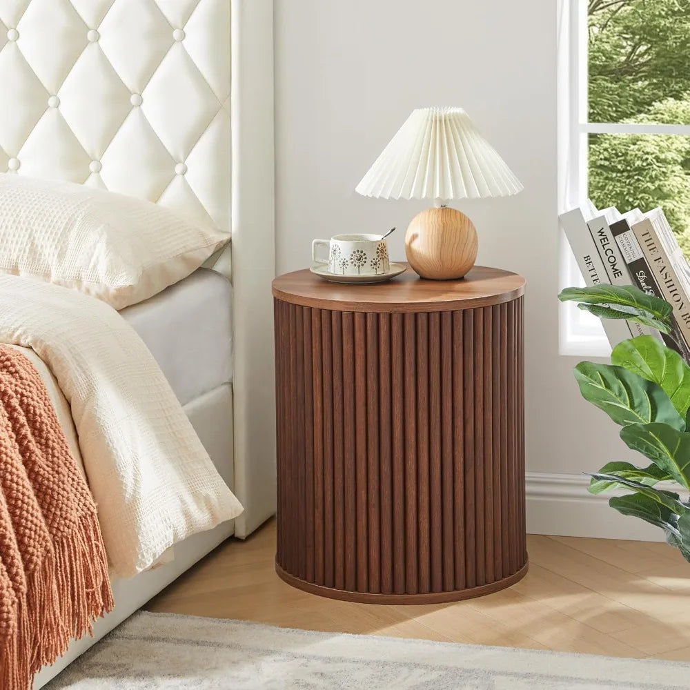 Pair of Mid-Century Modern Round Fluted Side Tables, 15.7 Wooden Nightstands with Storage for Bedside Use