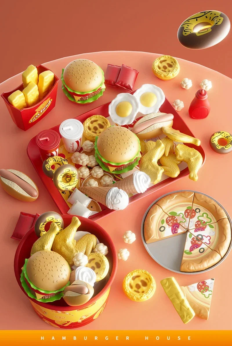 Kid Kitchen Toy Set /Simulation/ Make Hamburgers, Pizza, Fries, Pretend Play Food Cooking/ Cutting Game/ Montessori Interactive Toy Gift