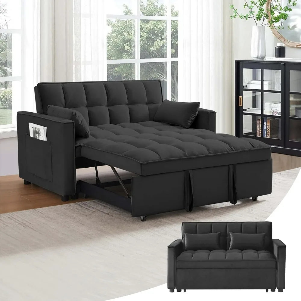 55 Inch 3-in-1 Sleeper Loveseat, Velvet Futon Sofa with Adjustable Reclining Backrest and Pull Out Couch, Includes Pillows