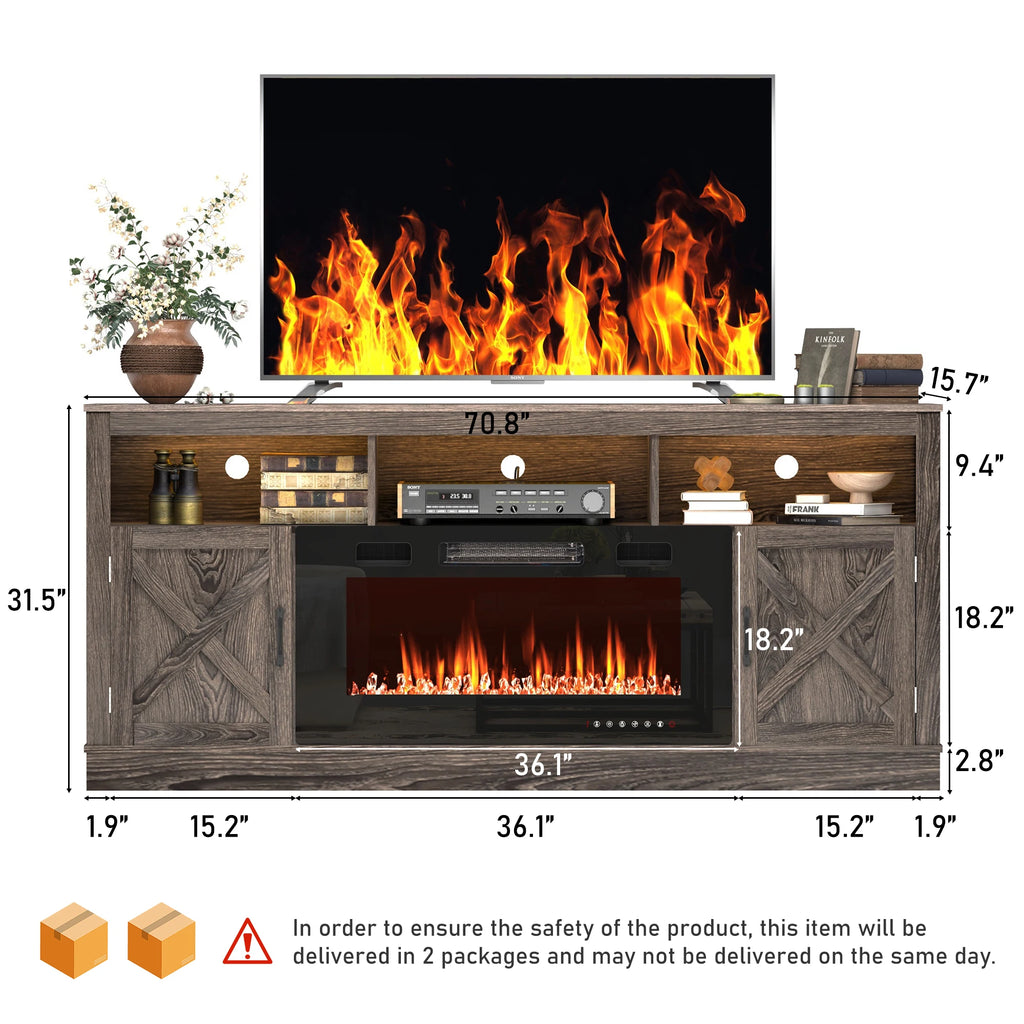 Farmhouse Fireplace TV Stand for 70/75/80” TV, 71” Entertainment Center with 36”Electric Fireplace & LED Light, White/Grey