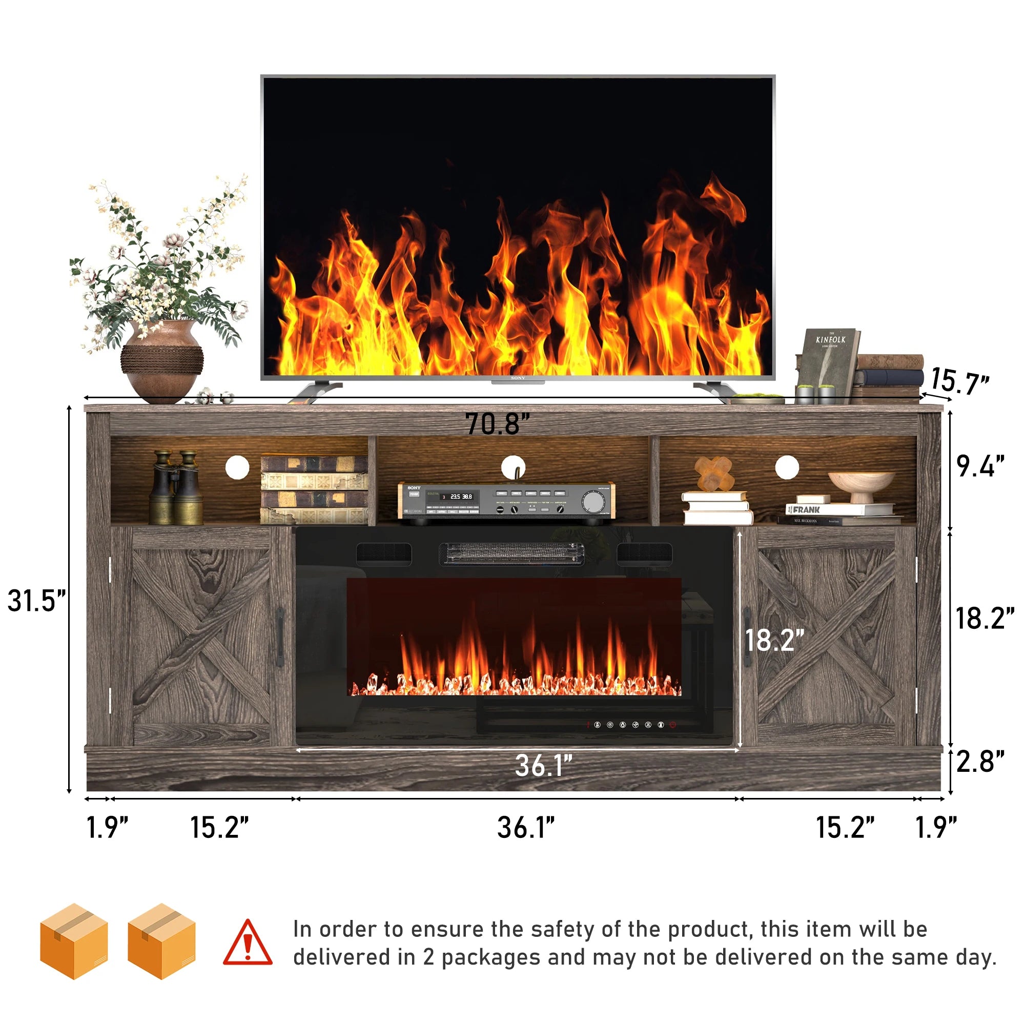 Farmhouse Fireplace TV Stand for 70/75/80” TV, 71” Entertainment Center with 36”Electric Fireplace & LED Light, White/Grey