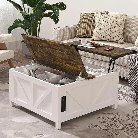 35'' Lift Top Coffee Table, Square Rattan Center Table with Large Hidden Storage, Farmhouse Coffee Tables for Living Room, Home