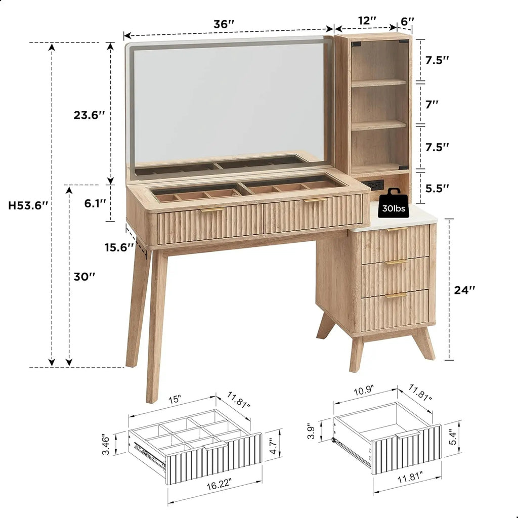 48" Fluted Makeup Vanity Desk with Large 36" Mirror and Lights, Modern Glass Top/ Big Vanity Table with 5 Drawers