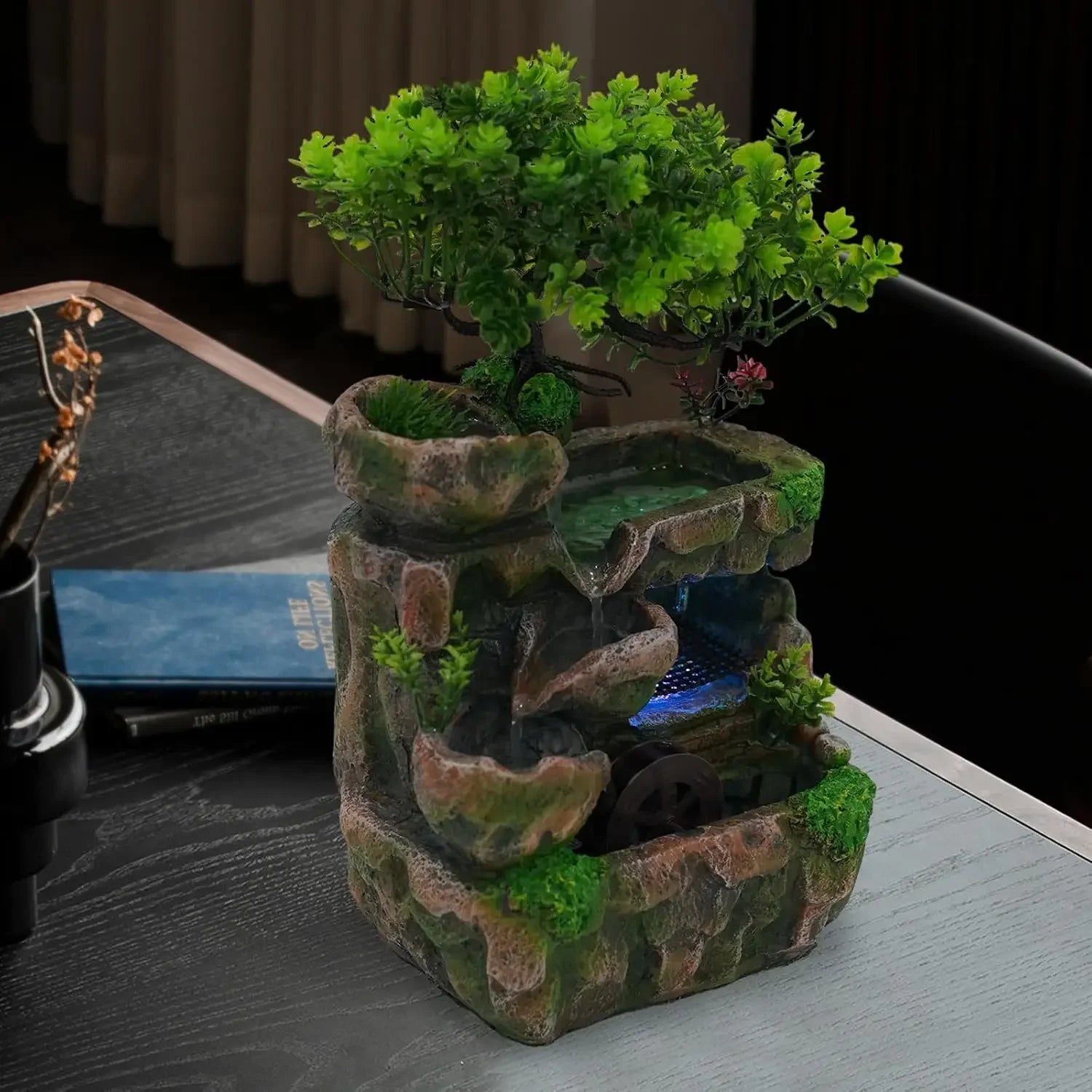 Indoor Waterfall Meditation Fountain with Automatic Pump and LED Light, Tabletop Waterfall Fountain, Relax Desktop Water for Home/ Office/ Bedroom Decoration