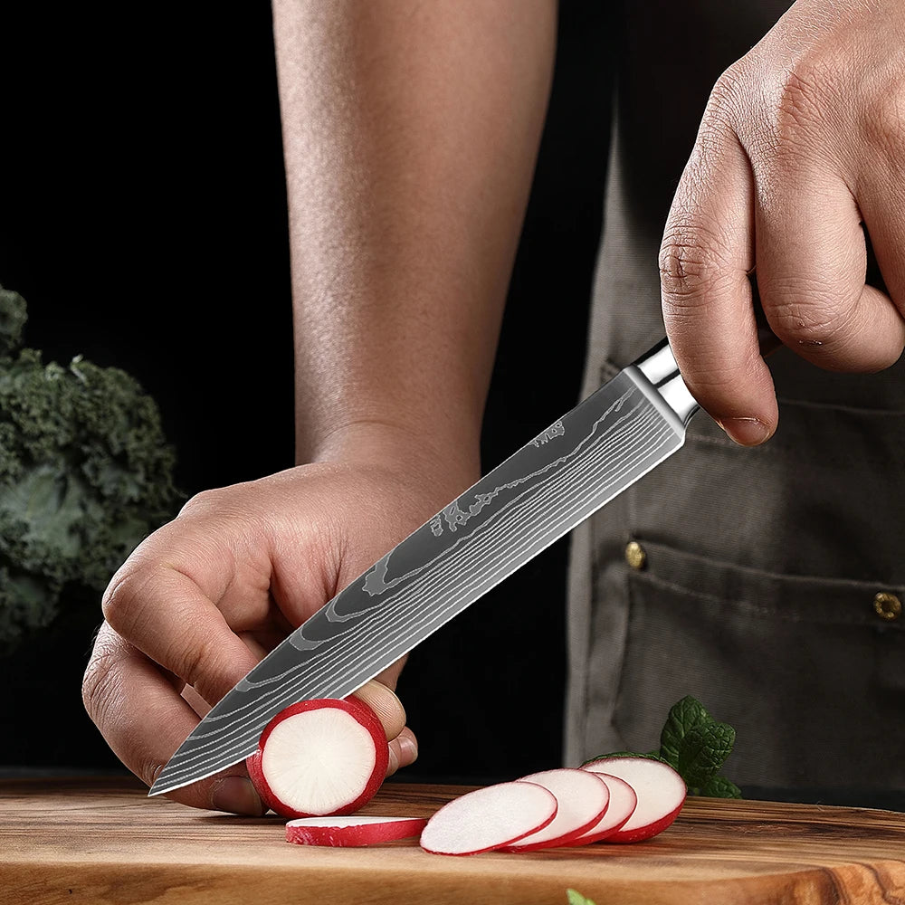 Kitchen Knife Set 15-Piece With Wooden Block, Laser Damascus Pattern Steel Professional Chef's Knife, With Scissor Sharpening Rod
