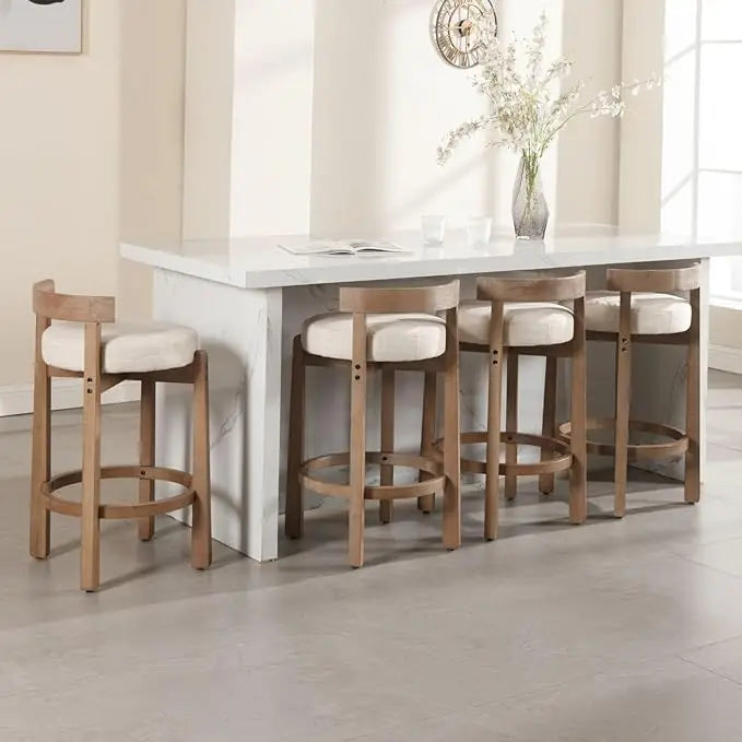 Mid Century Linen Bar Stools Set of 4, Upholstered, 26.5" Seat Height, Round Low Back Stools with Footrest