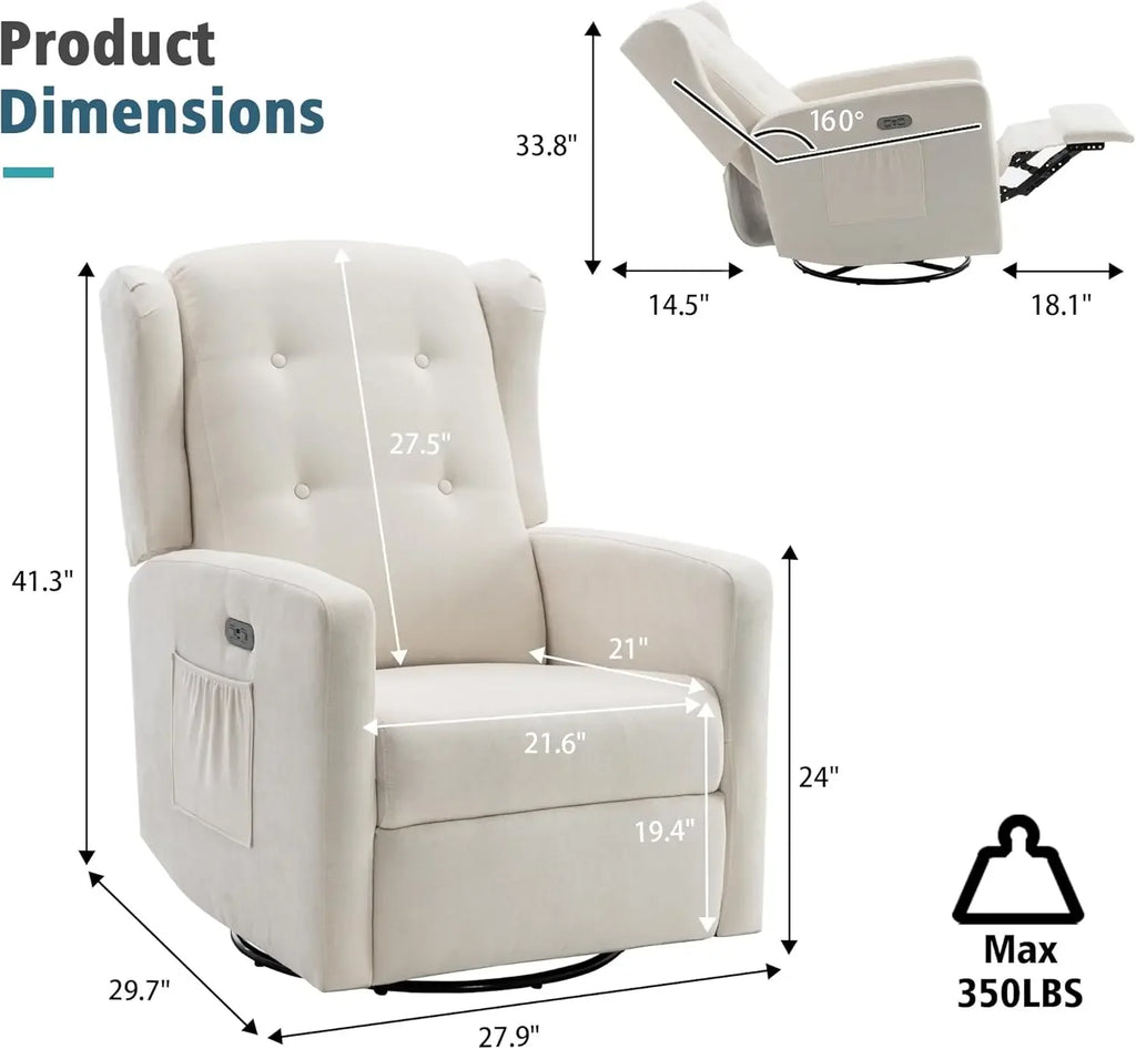 Power Swivel Rocking Recliner Chair, Electric Rocker Nursery Glider Chair, Upholstered Fabric/ Reclining Single Sofa Chair
