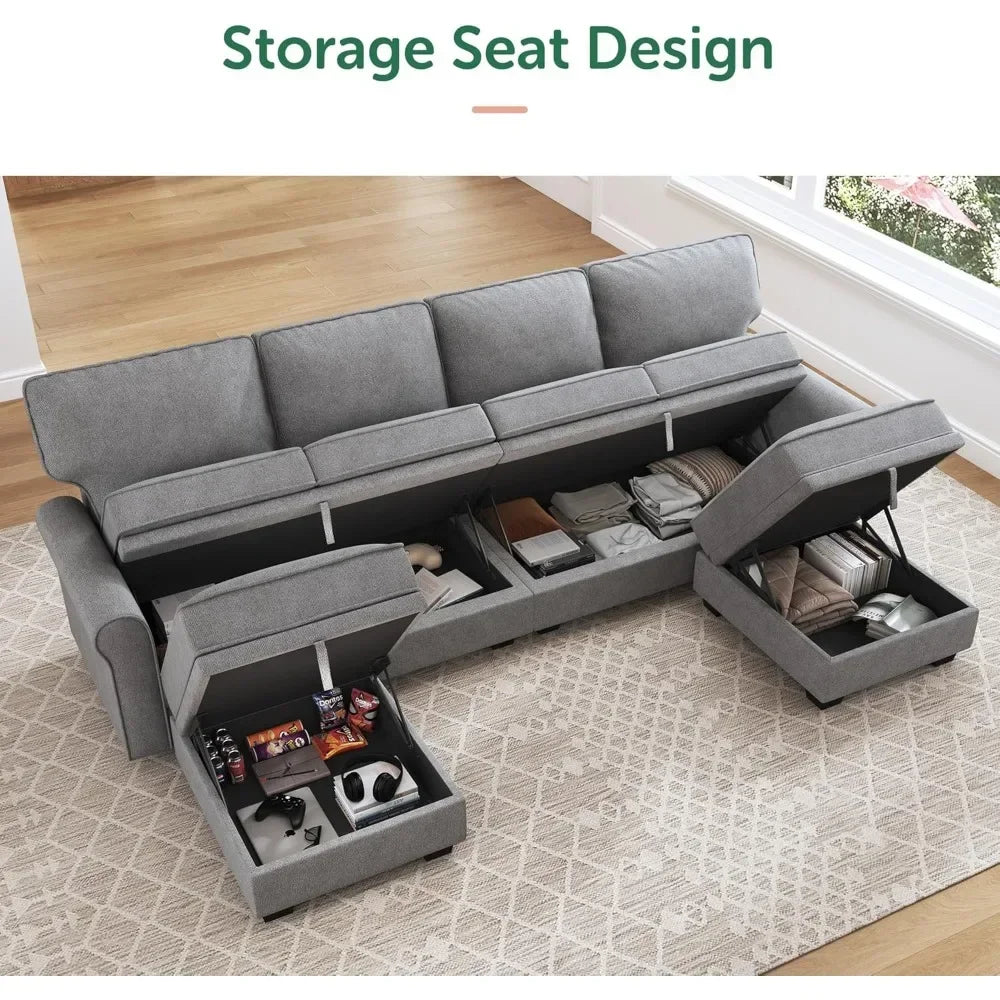 Storage-Enabled Convertible Sectional Sofa with 6 Seats and Reversible Chaise for U-Shaped Living Room Arrangement