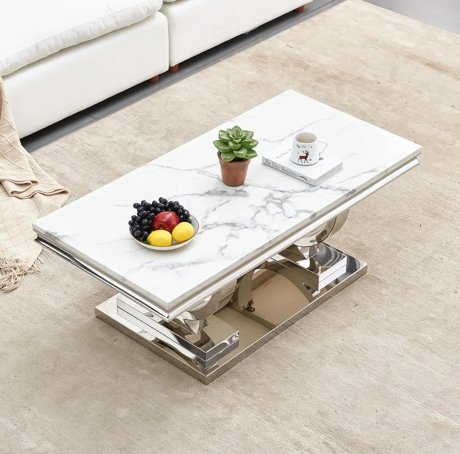 NEW 47" Coffee Table with White Marble Top, Modern Rectangular Faux Marble Coffee Table