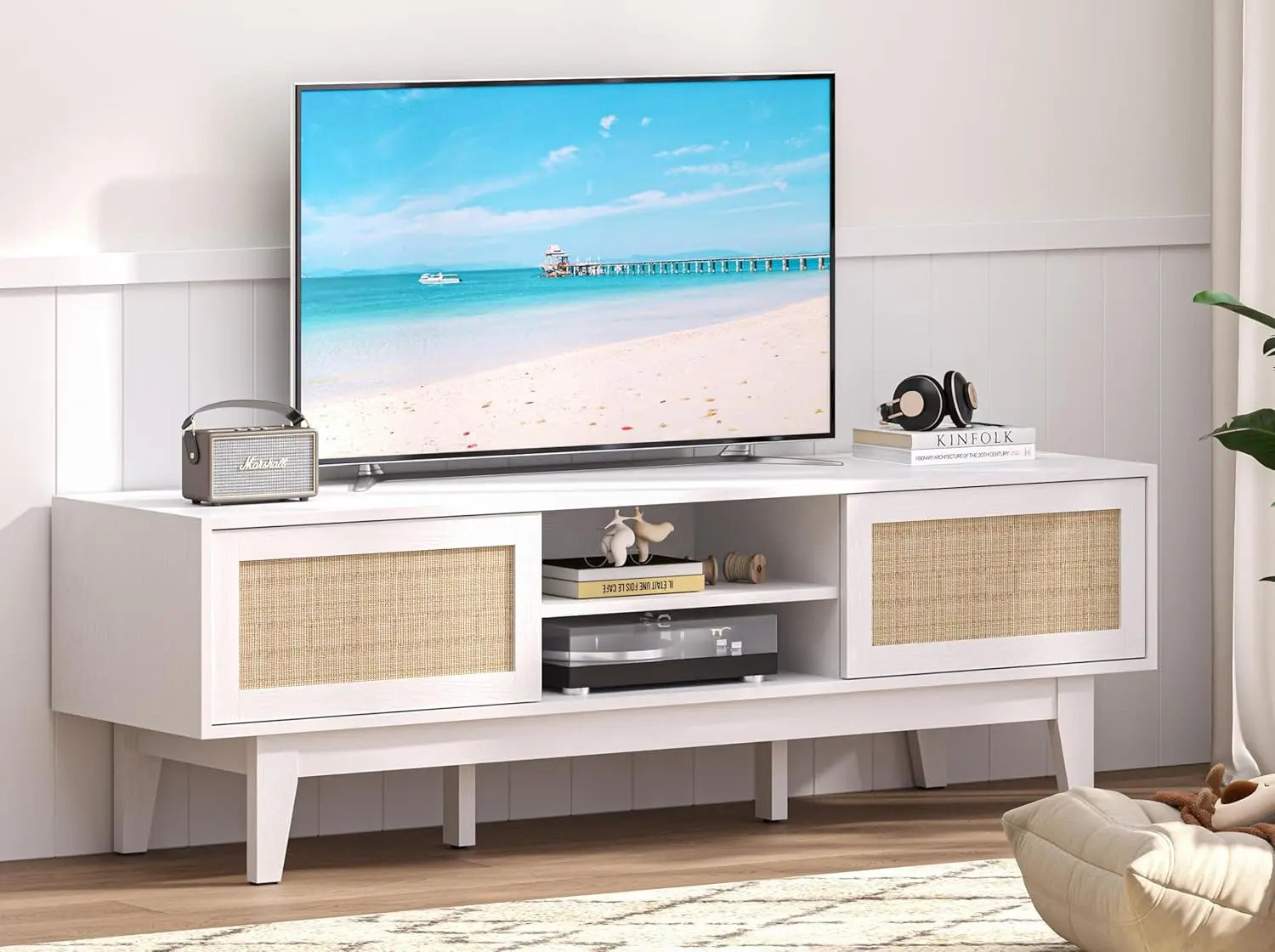 Boho TV Stand for 55/ 65" Inch TV, Rattan Entertainment Center with Shelves, Cabinets and Sliding Doors, TV Media Console Table