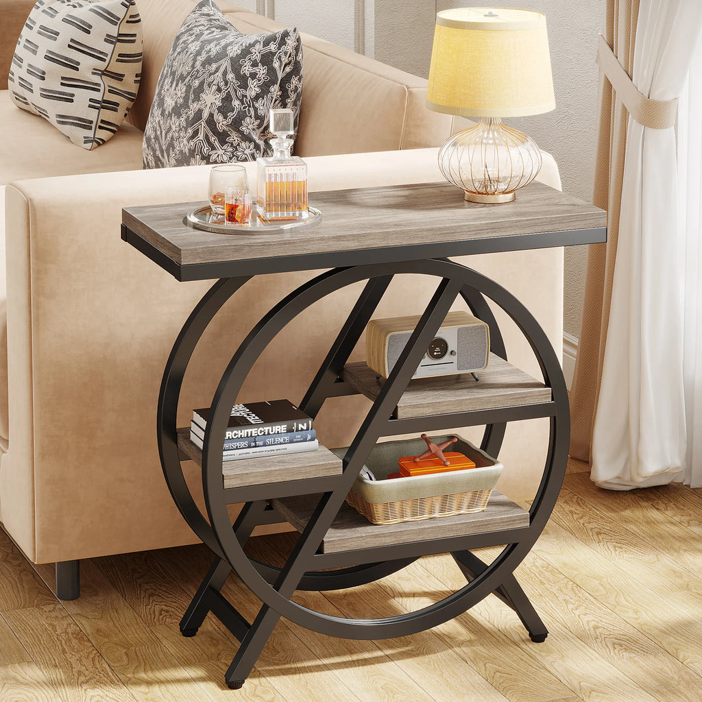 Tribesigns End Table for Living Room, 3-Tier Narrow Side Table with Storage, Wood Sofa Side Table with Geometric Metal Frame