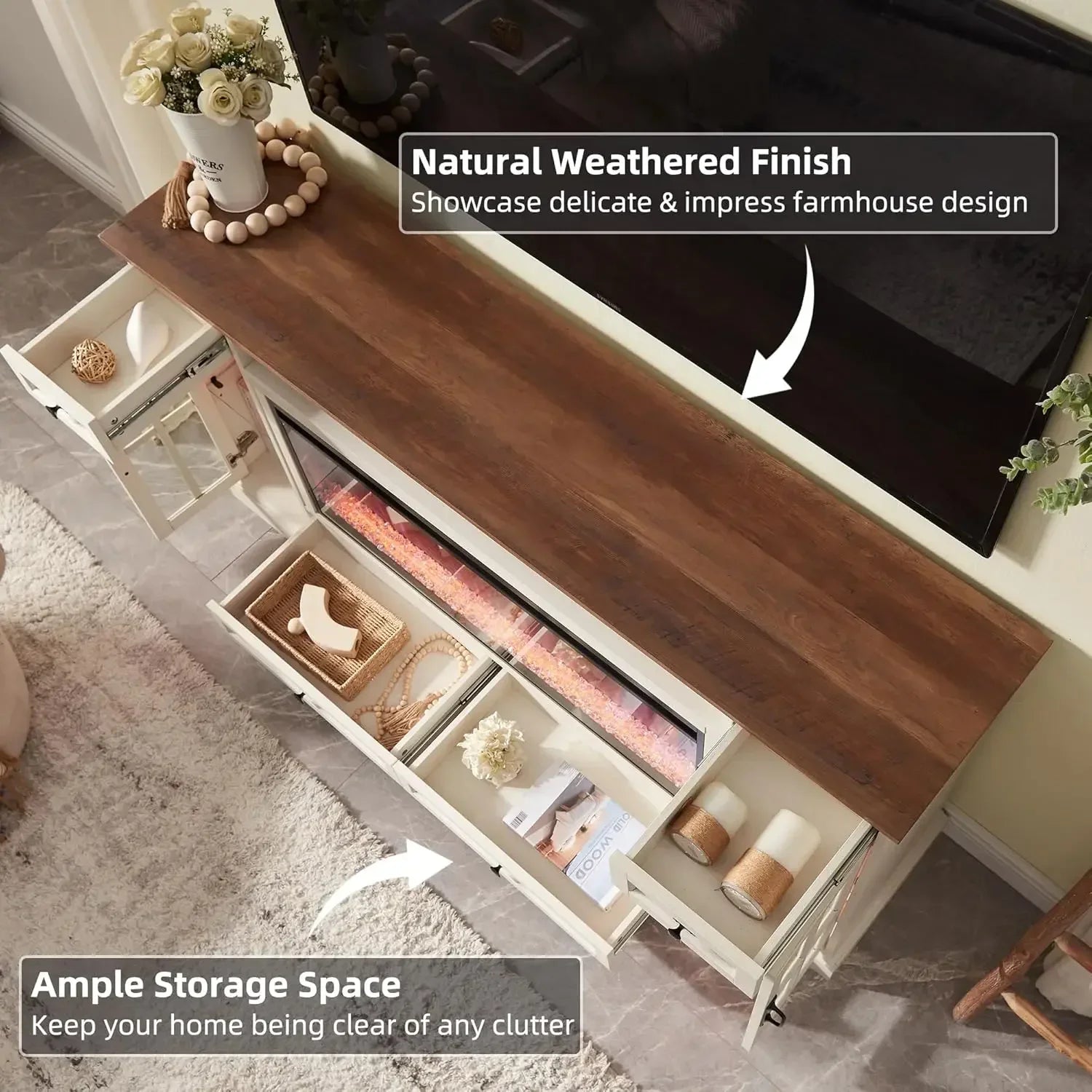 Fireplace TV Stand for 80 Inch TV, with 42" Fireplace & LED Lights, Storage Drawers  Living Room, Antique White