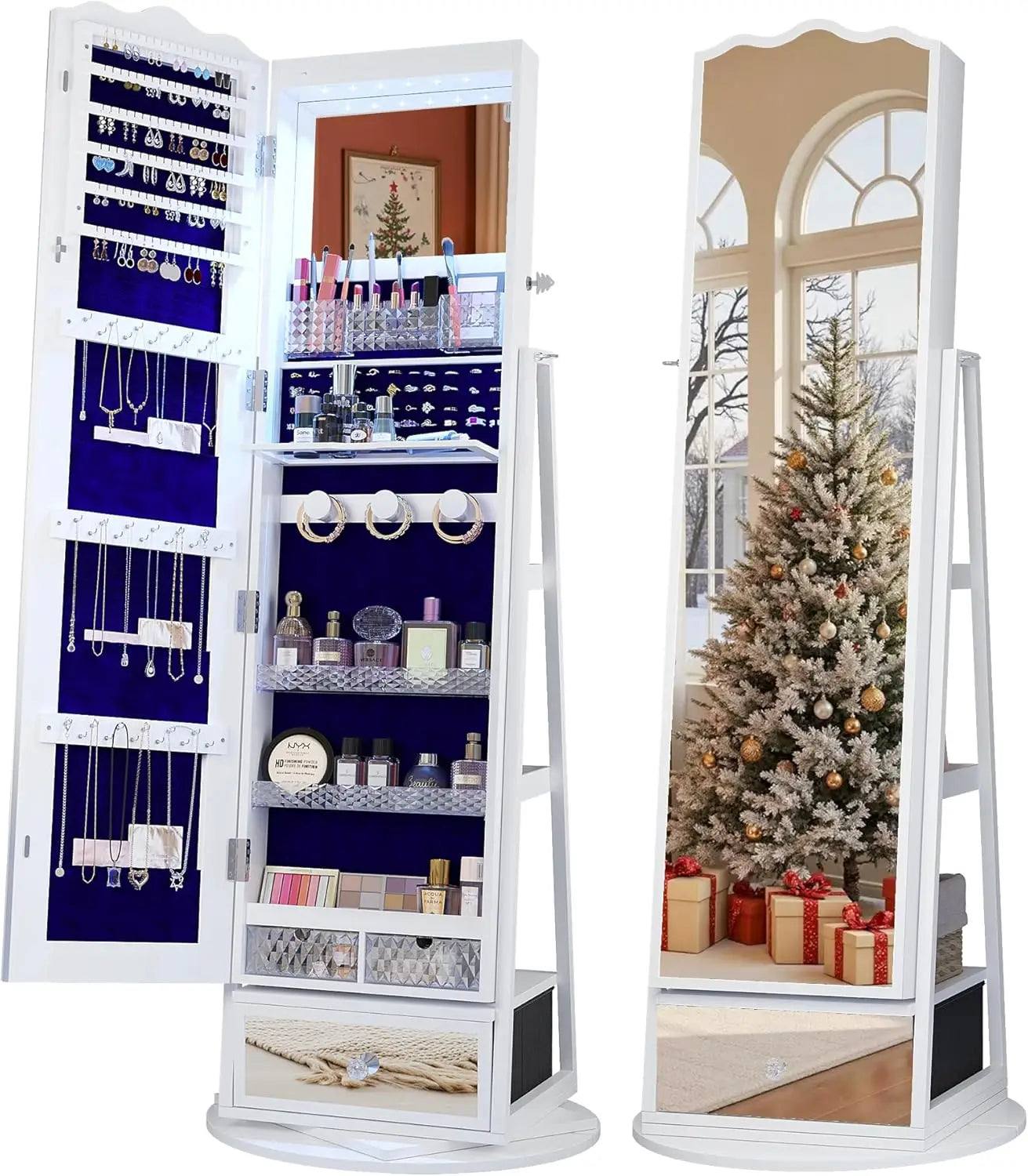 Full-Length Mirror Jewelry Cabinet Standing, 360° Swivel Jewelry Armoire