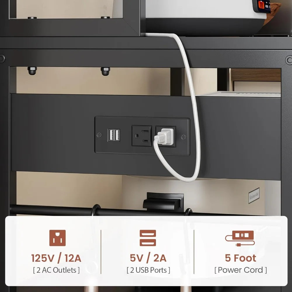 47.2 Inch Bakers Rack with Power Outlet, Microwave Stand with Storage, Farmhouse Coffee Bar Cabinet Station with Wine Rack