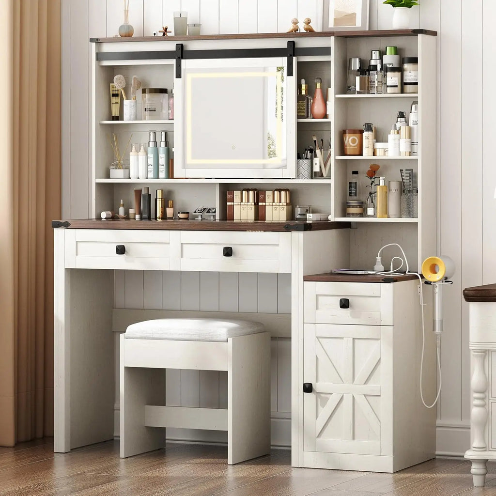 Farmhouse 47" Large Makeup Vanity Desk with Glass Tabletop, White Vanity with Sliding Mirror and Lights, Vanity Set with Stool