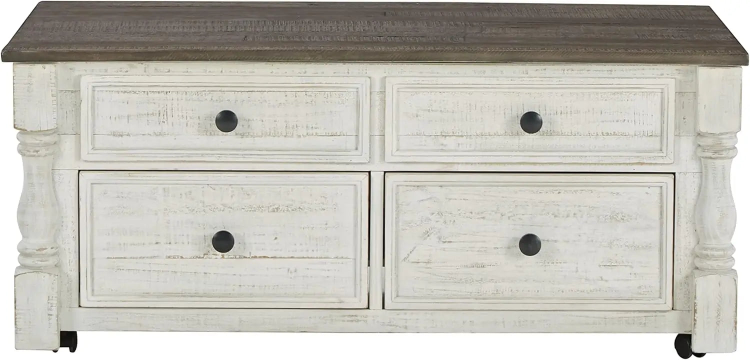 Farmhouse Lift Top Coffee Table with 4 Storage Drawers and Small Storage Tray, Whitewash