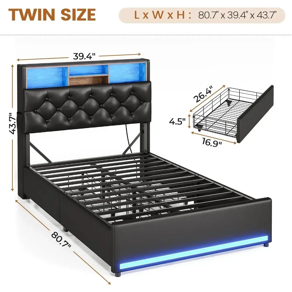 Twin Bed Frames with Headboard & 4 Drawers, LED Bed Frame Twin with Charging Station, Upholstered and Metal Twin Bed with Storage