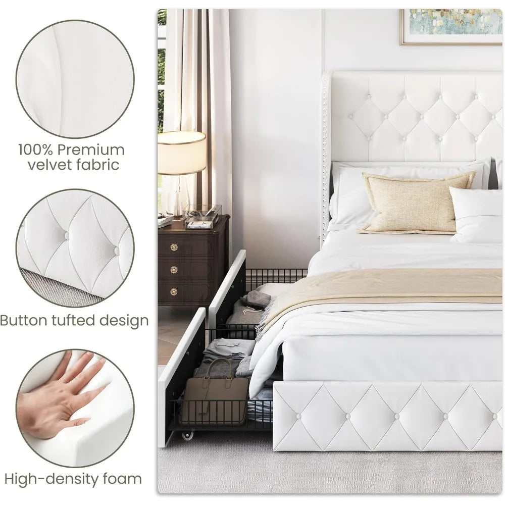 King Size Bed Frame with 4 Storage Drawers and Tufted Velvet Wingback Headboard/ Upholstered Platform Bed Frame