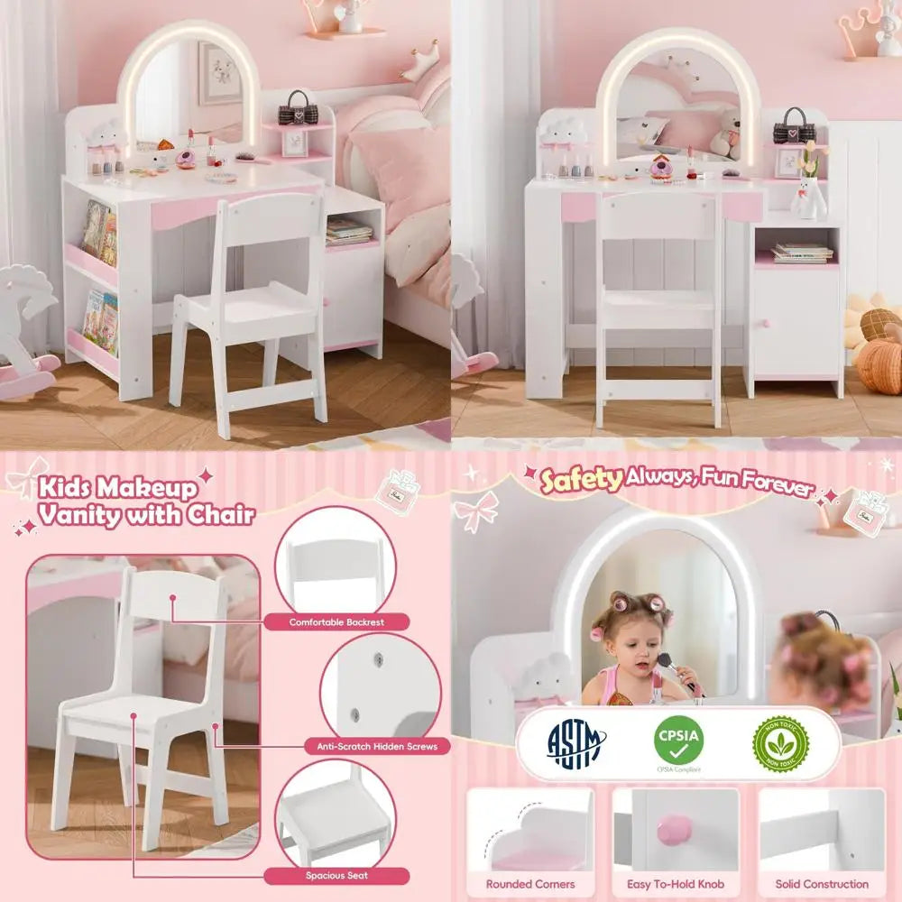 Children's Princess Makeup Vanity with Illuminated Mirror, Storage, and Bookshelf Combo