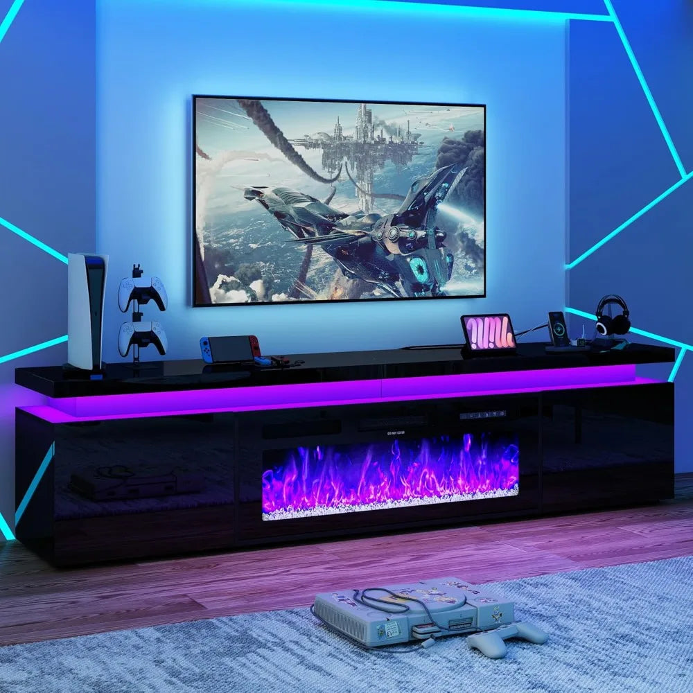 Fireplace TV Stand for 80" TV, 71" LED TV Stand with 40" Electric Fireplace & Power Outlet, High Gloss Surface, 2 Storage Cabinets