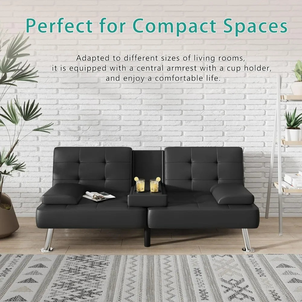 Modern Convertible Futon Sofa Bed with Folding Recliner and 2 Cup Holders, Removable Armrests