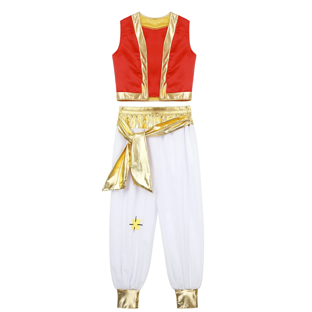 Boys Arabian Costume Arabian Prince Cosplay Dress Up Vest Waistcoat Harem Pants Suit for Halloween Carnival Stage Performance