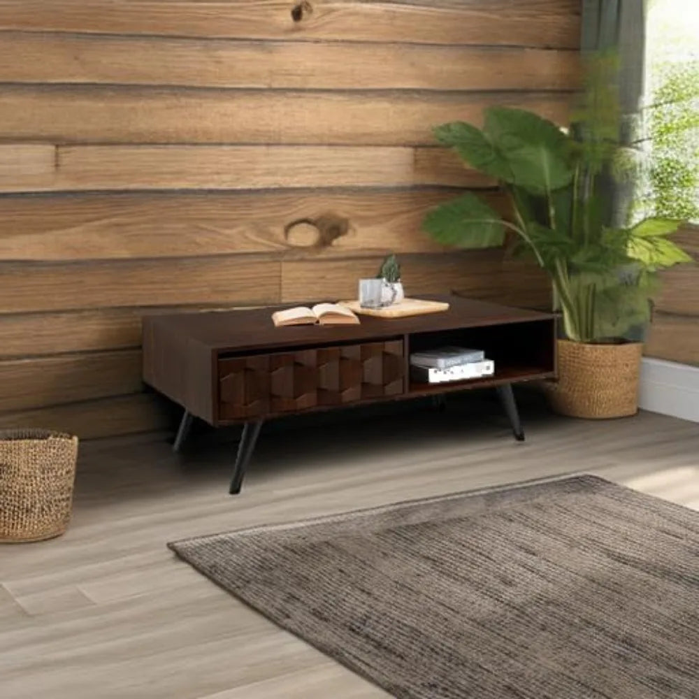 Georgina Solid Wood Coffee Tables for Living Room, Coffee Table Mid Century Modern with 2 Symmetrical Storage Drawers