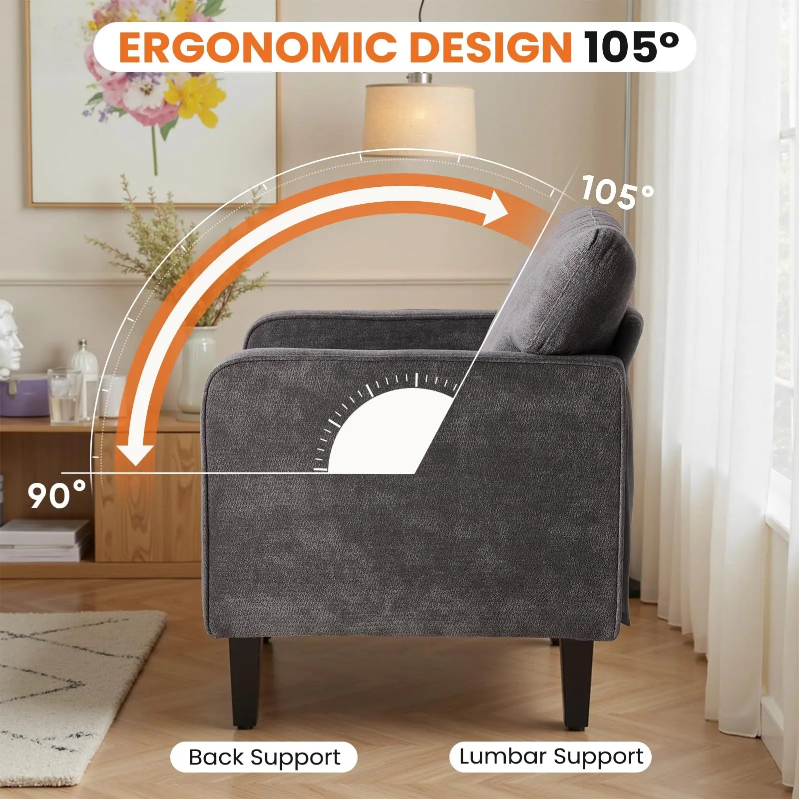 JHK Modern Accent Chair for Living Room/ Ergonomic with Armrest and Backrest Lumbar Support /Reading Lounge Chair For Bedroom