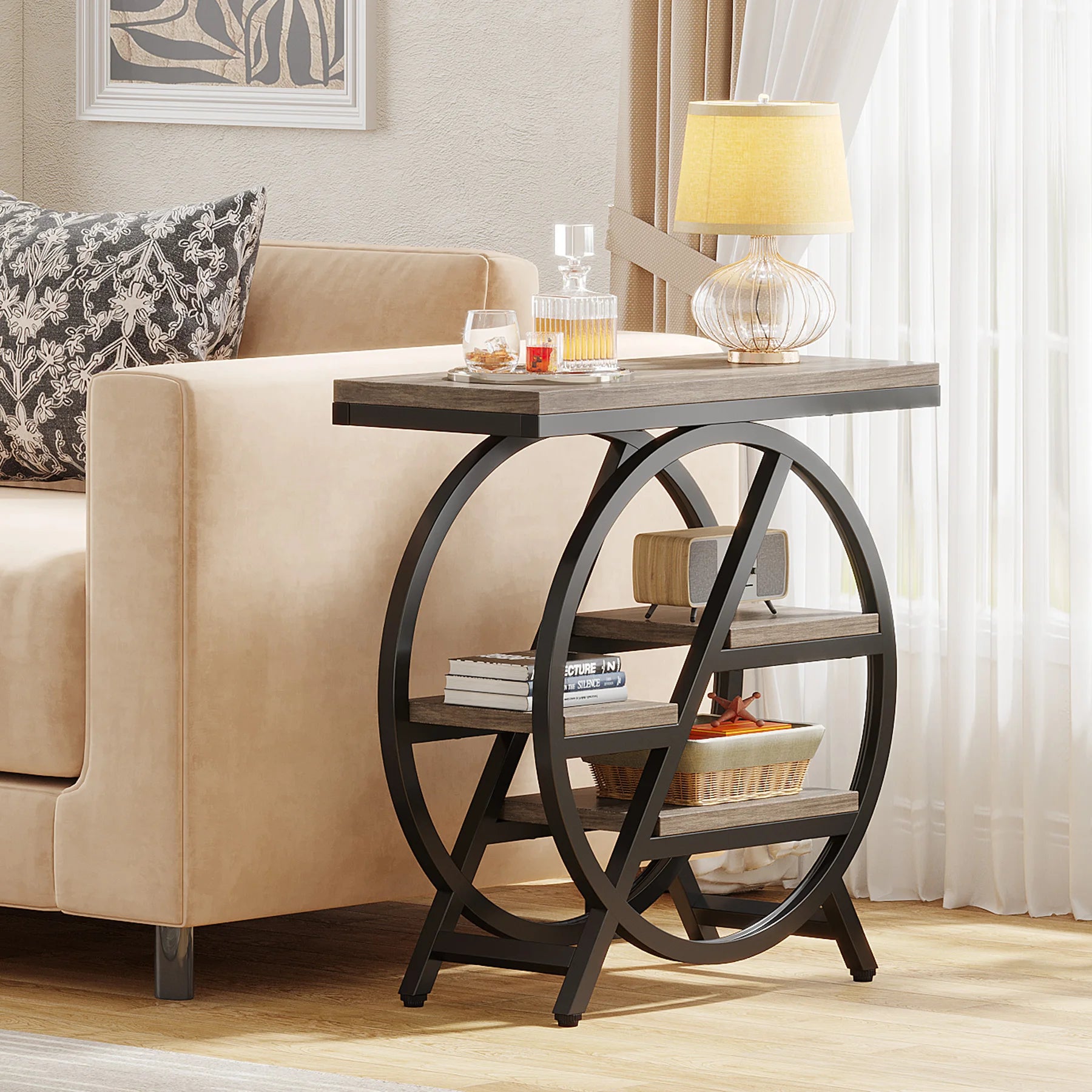 Tribesigns End Table for Living Room, 3-Tier Narrow Side Table with Storage, Wood Sofa Side Table with Geometric Metal Frame