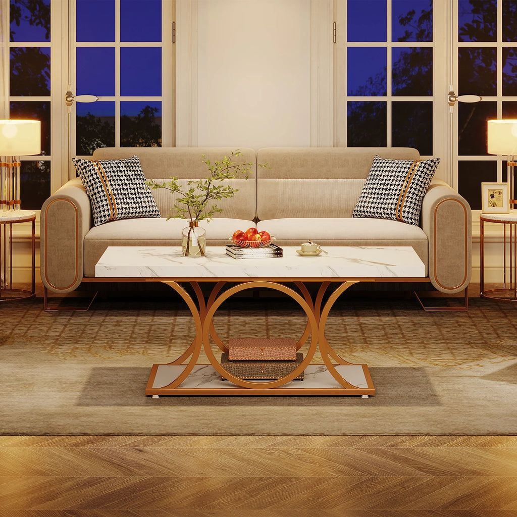 Rectangle Coffee Table, 2-Tier Faux Marble Wood