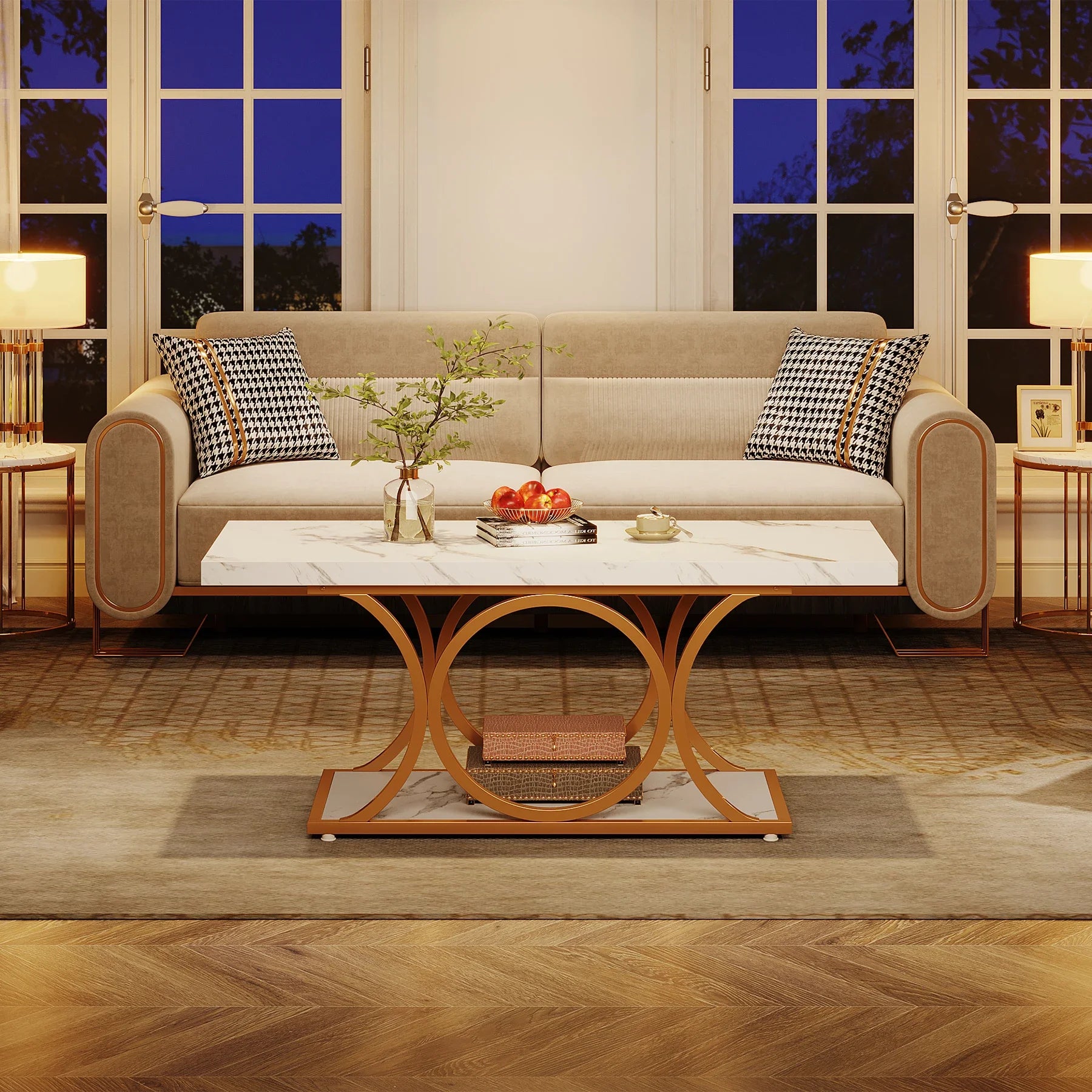 Rectangle Coffee Table, 2-Tier Faux Marble Wood