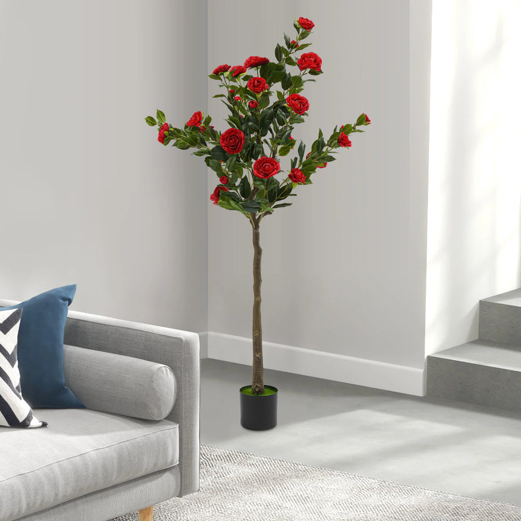 Simulated Tree Camellia Plant In Pot/ Lifelike Trunk/ Red Artificial Camellia Trees for Balconies/Shopping Malls/Exhibitions
