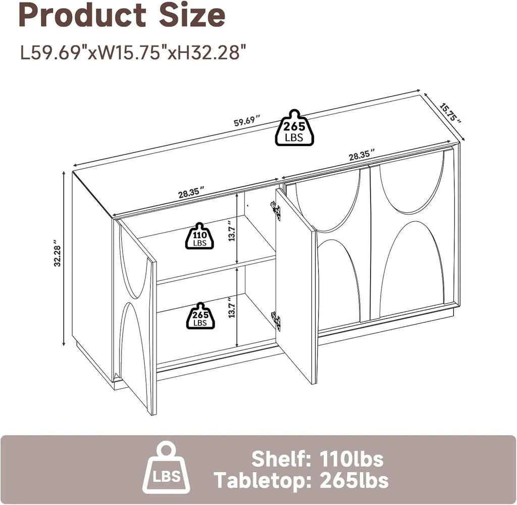 NEW 59" Sideboard Buffet Cabinet Retro Accent Storage Cabinet with Magnetic Door Latches Adjustable Shelf