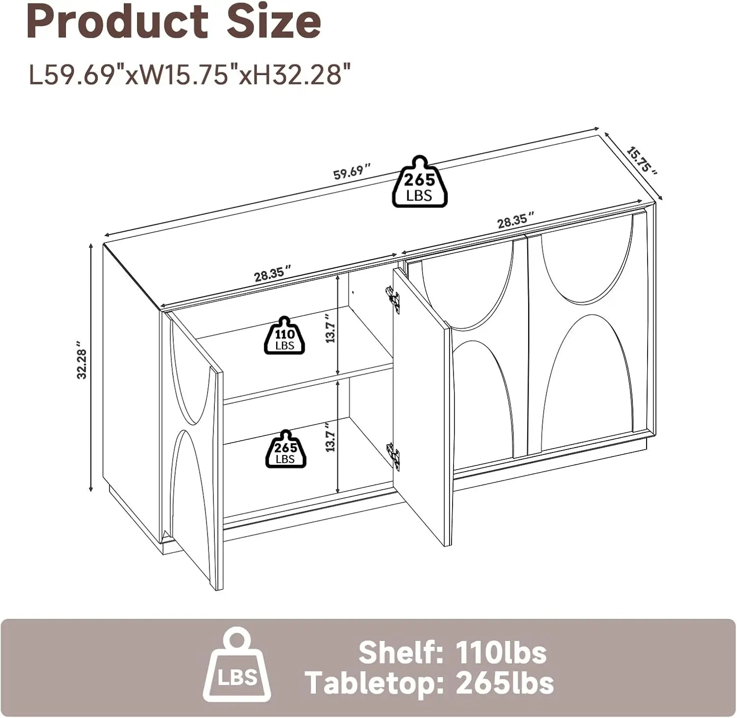 NEW 59" Sideboard Buffet Cabinet Retro Accent Storage Cabinet with Magnetic Door Latches Adjustable Shelf