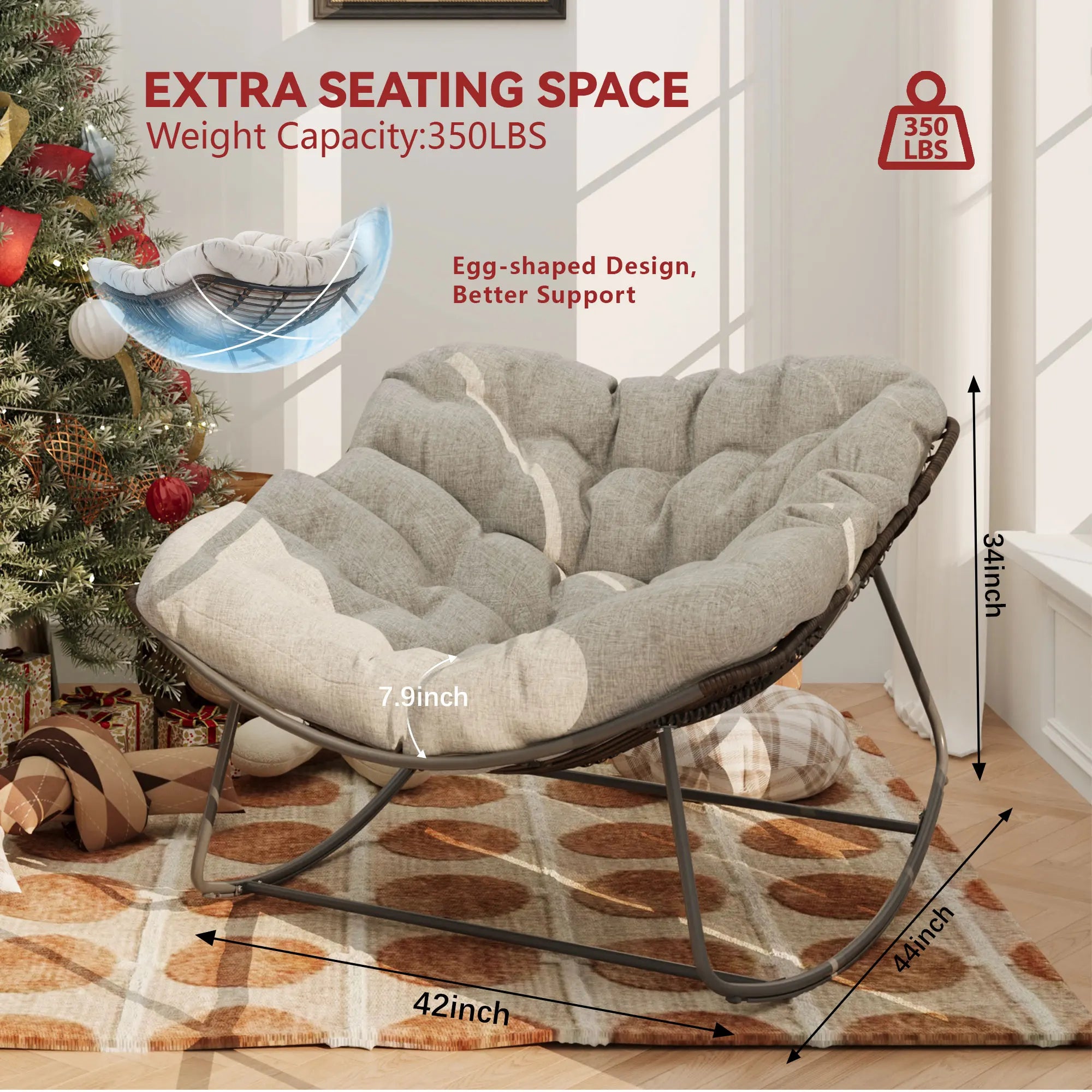Outdoor Rocking Chair, Patio Wicker Egg Chair, Indoor Comfy Oversized Papasan Chair with Padded Cushion for Front Porch, Garden
