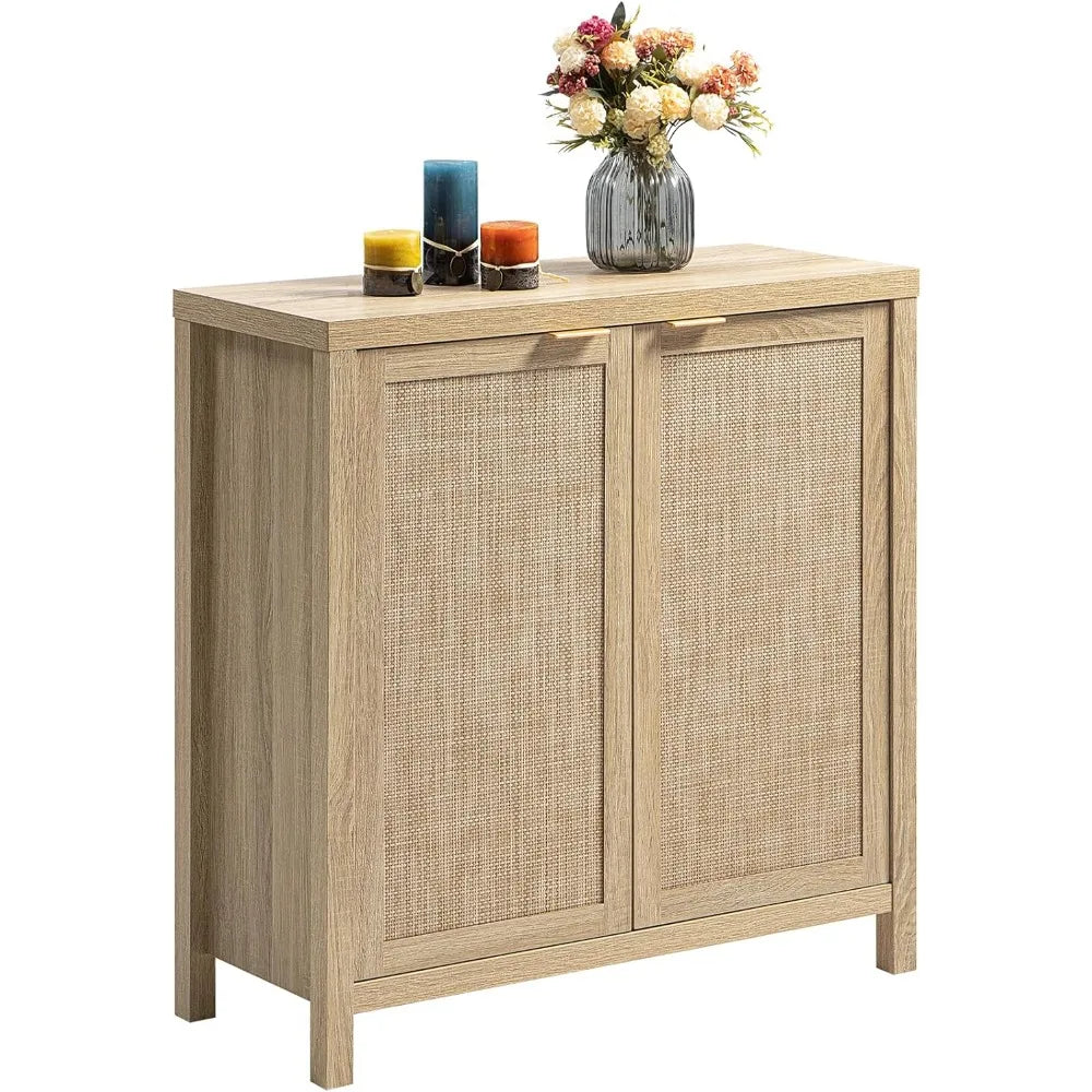 Rattan Sideboard Buffet Cabinet - Boho Large Credenza Storage Coffee Bar Cabinet with Rattan Storage, Buffet Console/ Accent Table