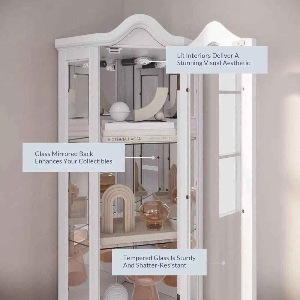 Lighted 3-Side Glass Display Curio Cabinet w/ Tempered Glass Doors and Shelves, Curved Wood Corner Cabinet