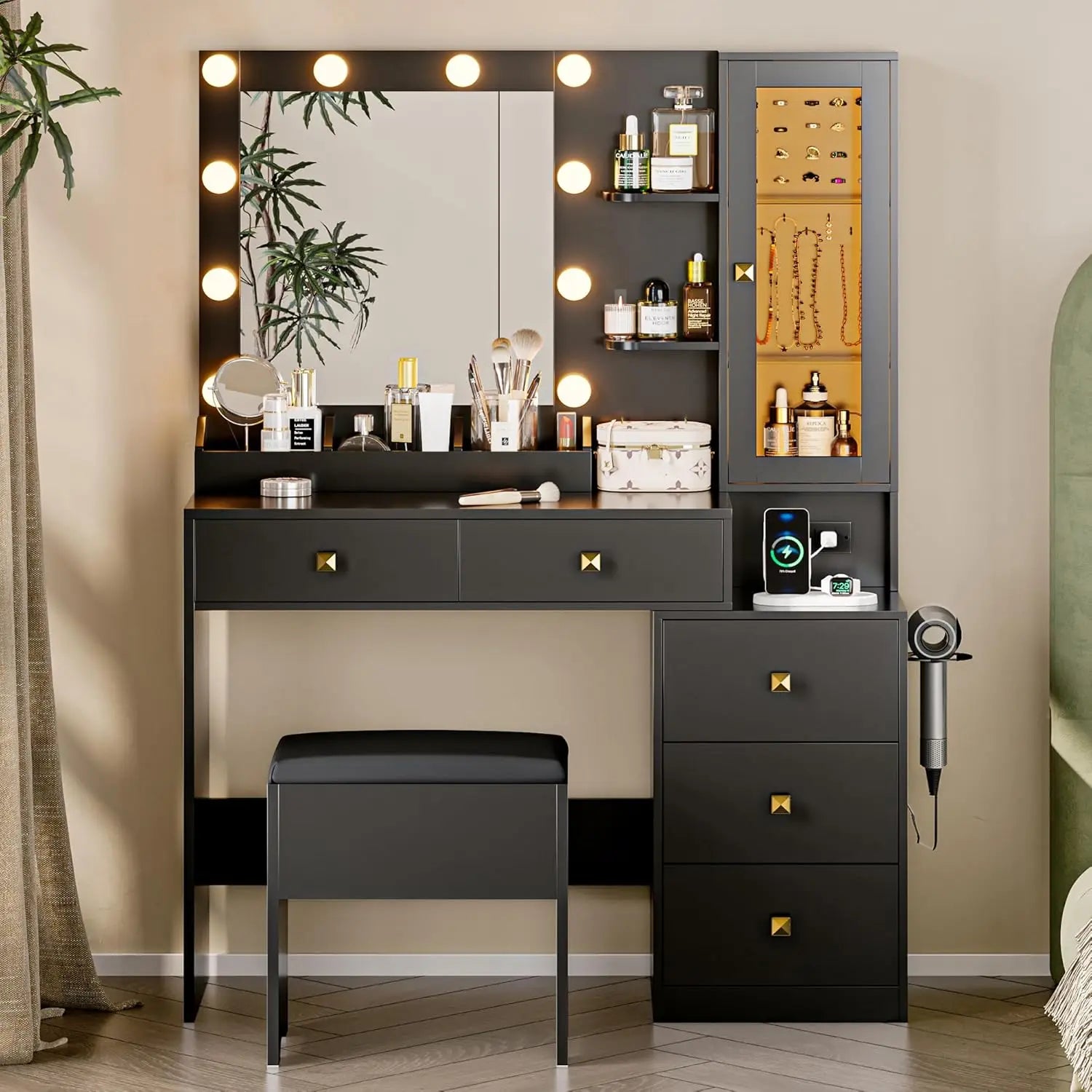 Vanity Desk with Mirror and Lights, White Makeup Vanity with 5 Drawers Hidden Jewelry Organizer & LED Glass Cabinet